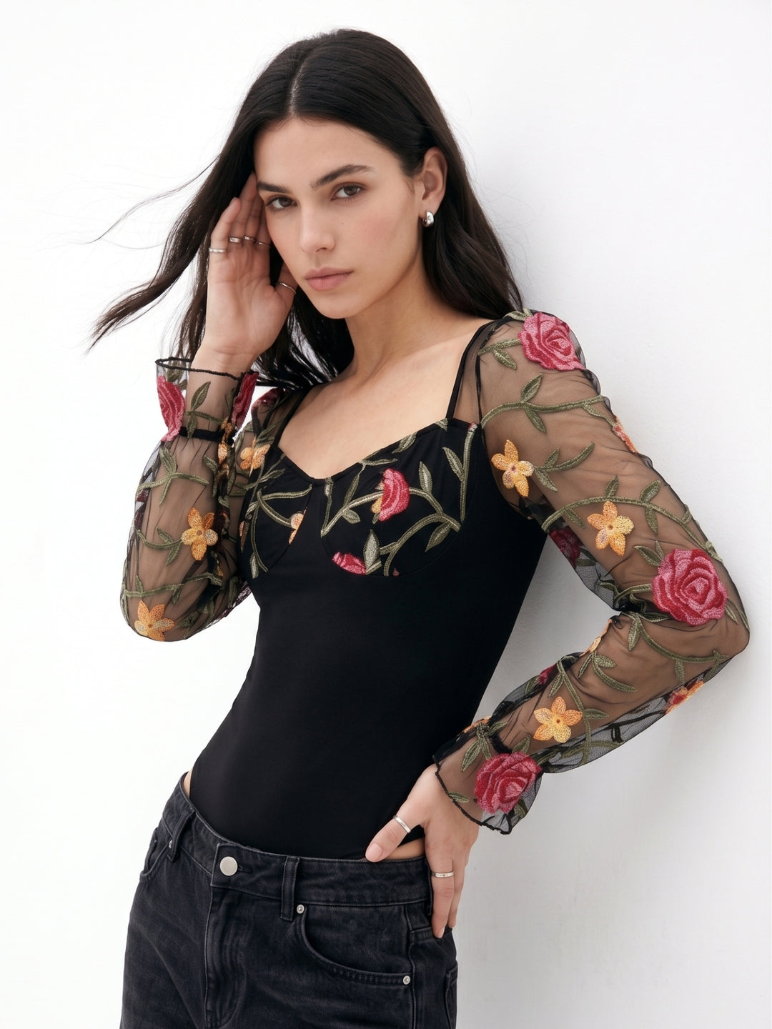 Black Sweetheart Neckline Bodysuits With Sheer Sleeves