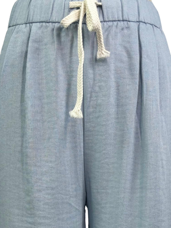 Blue High Waist Drawstring Attached Pleated Pant