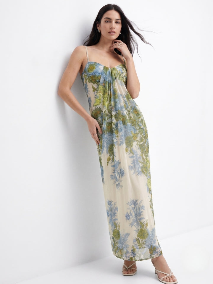 Blue Printed Draped Tube Dress