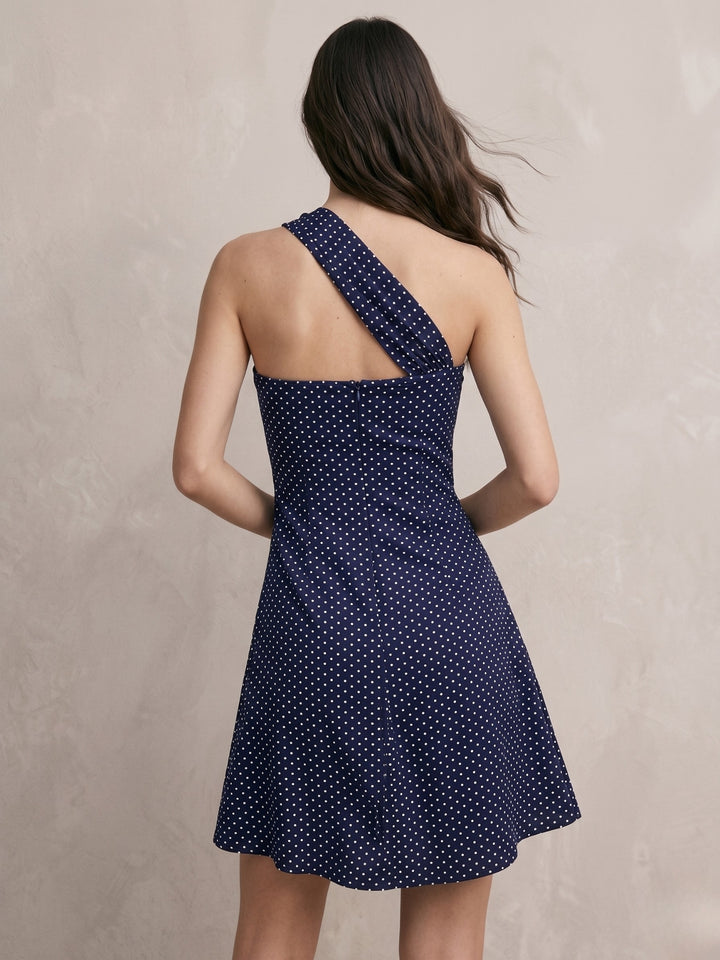 Blue One Shoulder Polka Printed Dress