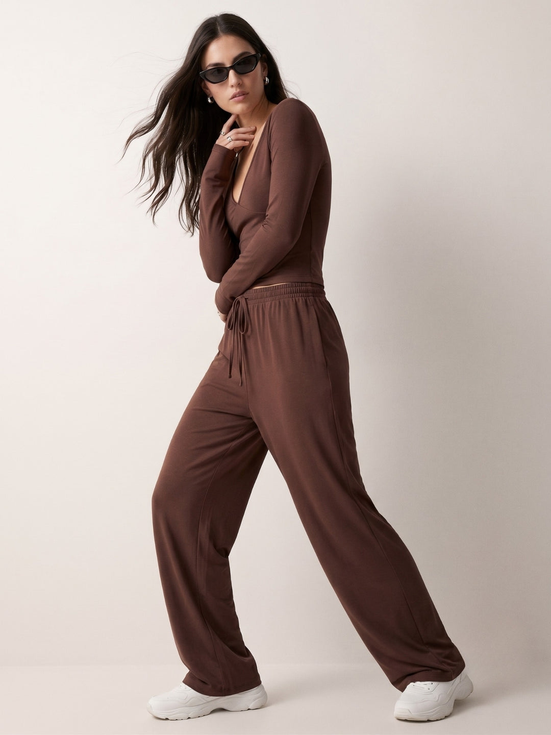 Brown Solid Full Sleeved Top And Trousers Co-Ord Set