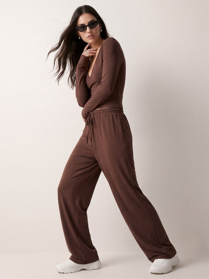 Brown Solid Full Sleeved Top And Trousers Co-Ord Set