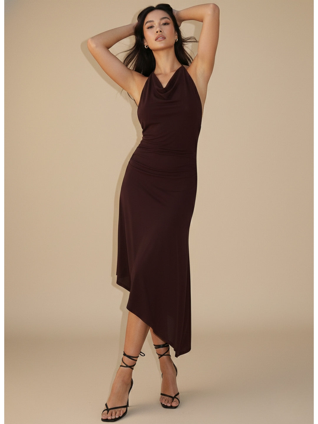Brown Halter Neck Asymmetrical Hem Dress