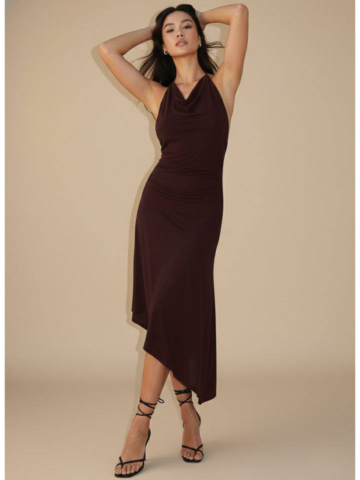 Brown Halter Neck Asymmetrical Hem Dress