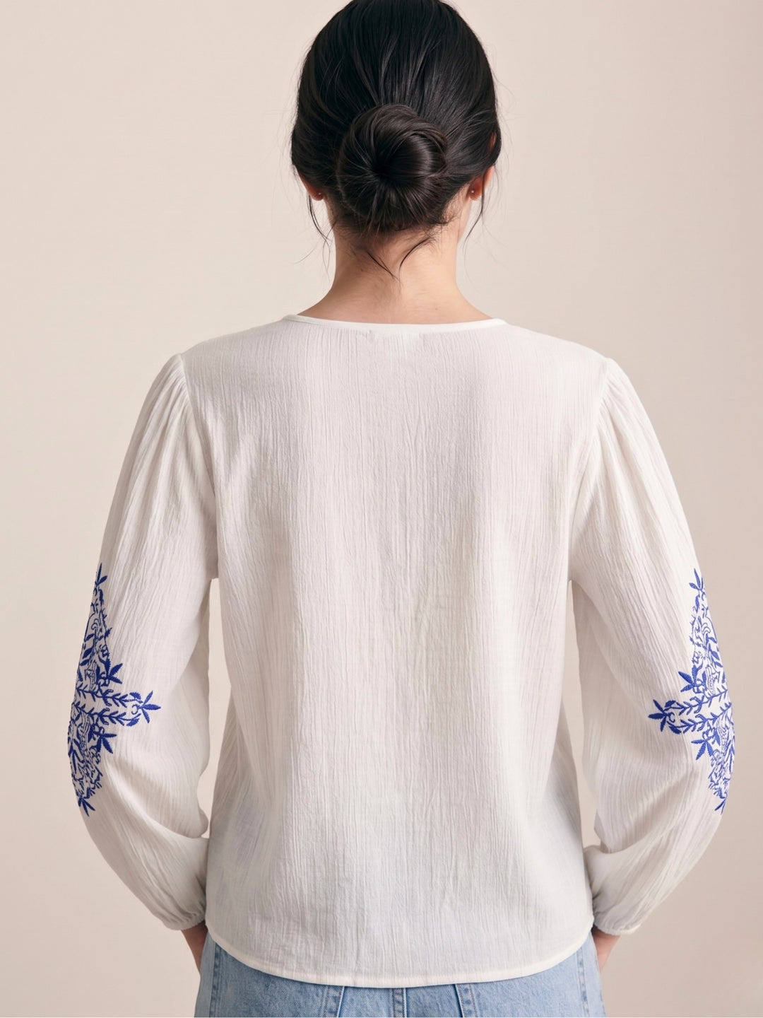 White Puff Sleeve Embroidered Blouse