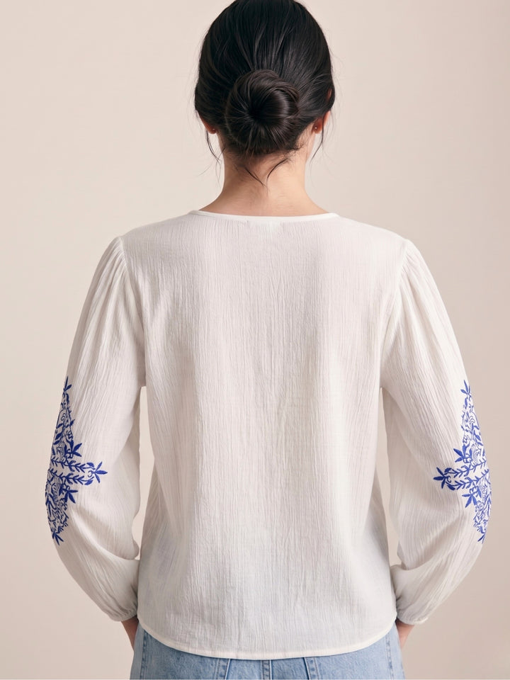 White Puff Sleeve Embroidered Blouse