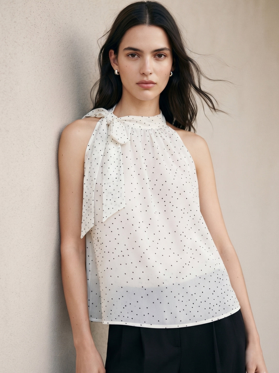 Cream Neck Tie-Up Polka Printed Top