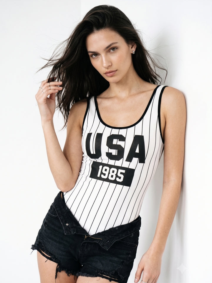 White Striped Varsity Graphic Printed Tank Styled Bodysuit