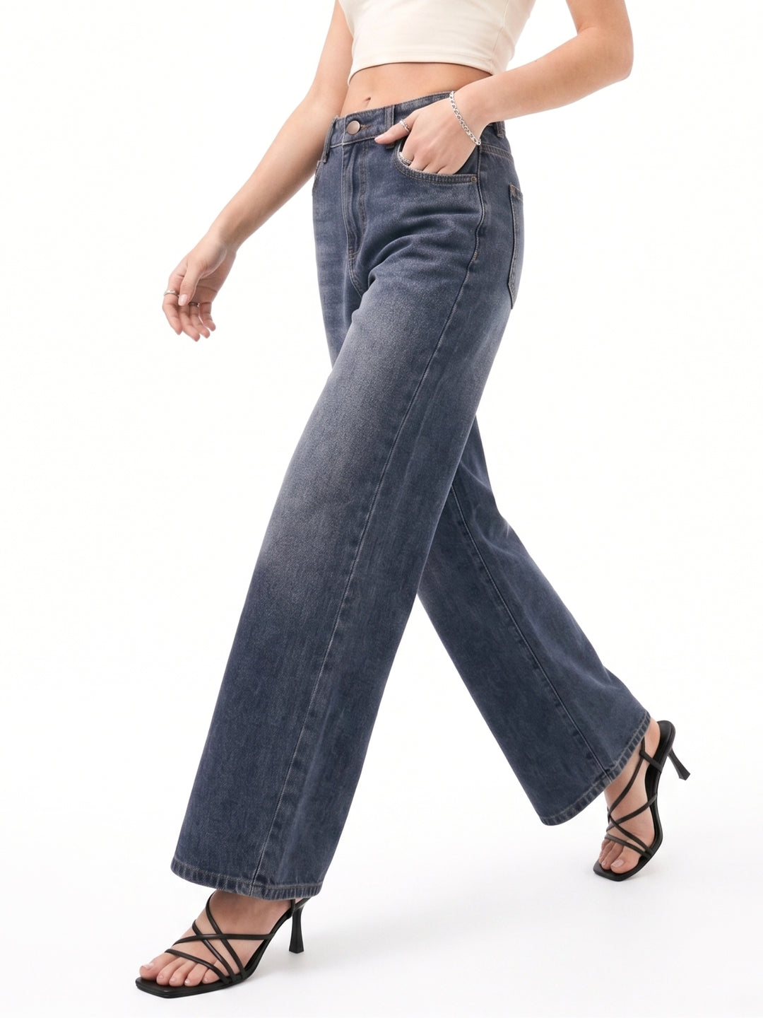 Navy Blue High Waist Wide Leg Jeans