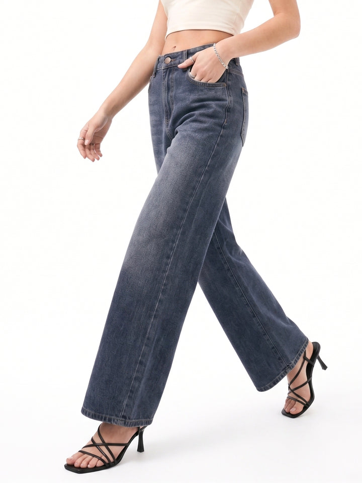 Navy Blue High Waist Wide Leg Jeans