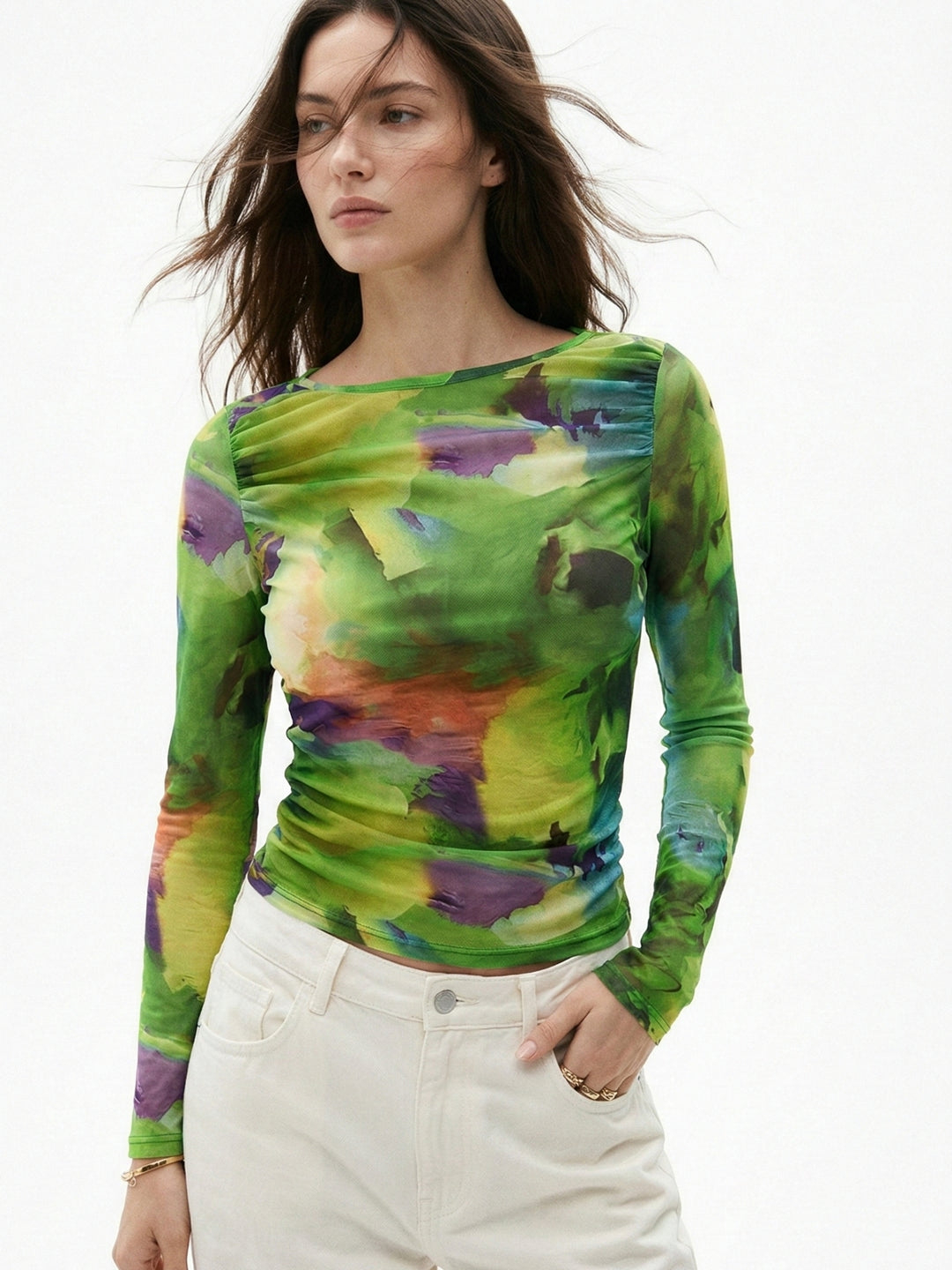 Green Abstract Print Fitted Top