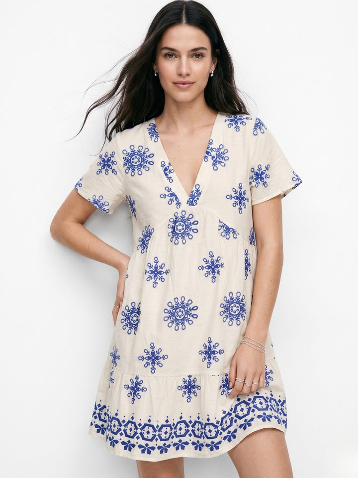 Off White Short Sleeve V Neck Printed Dress