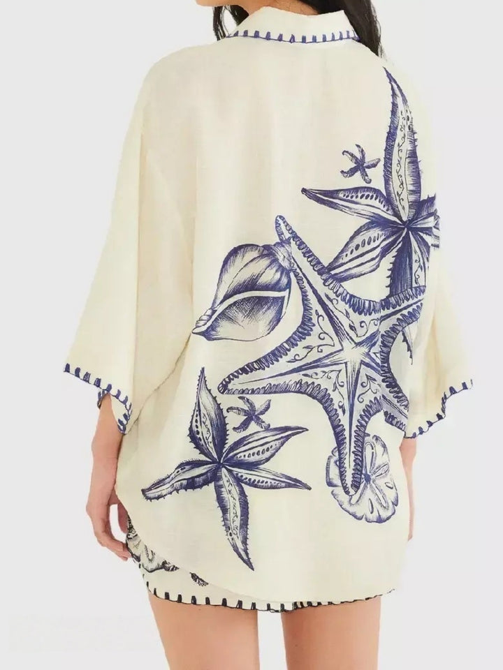 Cream Printed Contrast Hem Shirt And Shorts Set