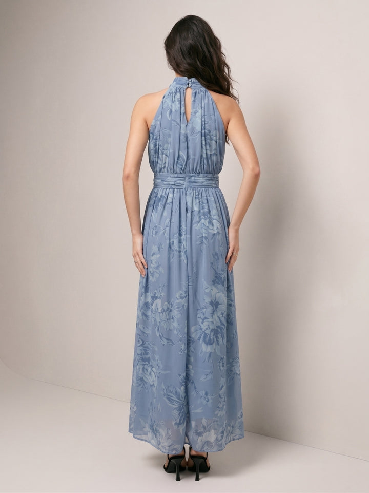Blue Halter Neck Printed Dress With Cinched Waist
