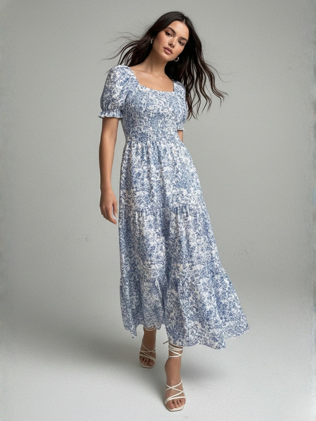 Blue Printed Round Neck Dress