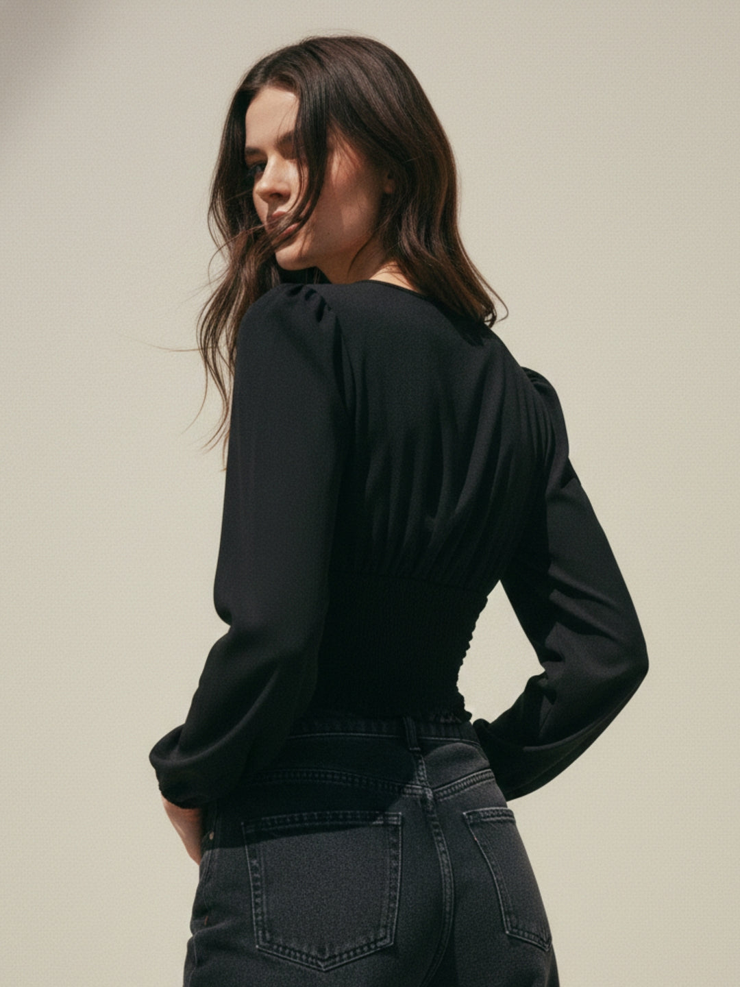 Black Plunge Neck Cinched Waist Top