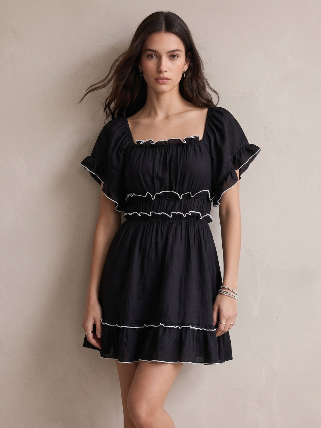 Black Short Sleeve Tiered Dress