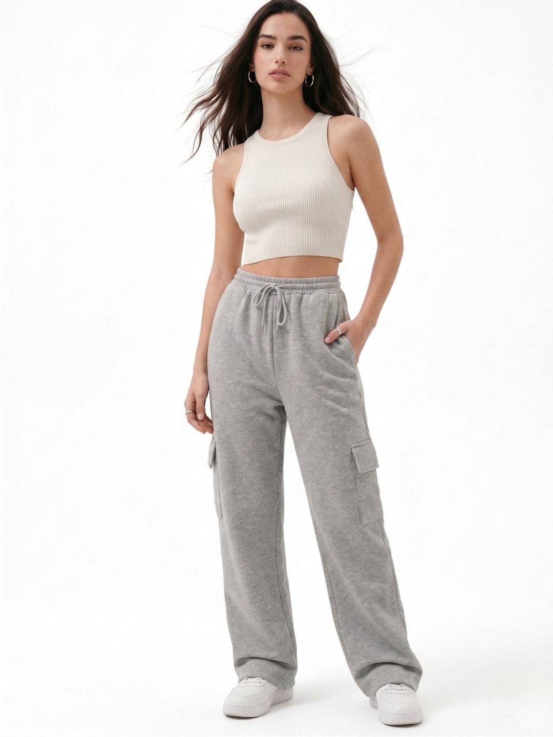 Grey Cargo Pockets Solid Sweatpants