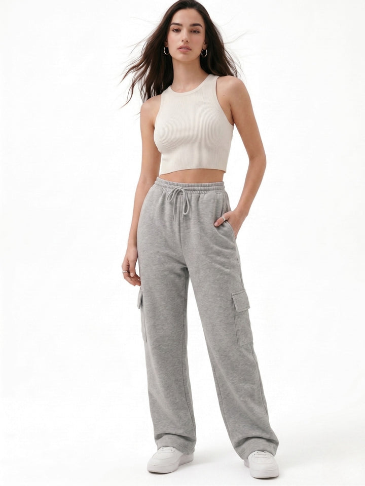 Grey Cargo Pockets Solid Sweatpants
