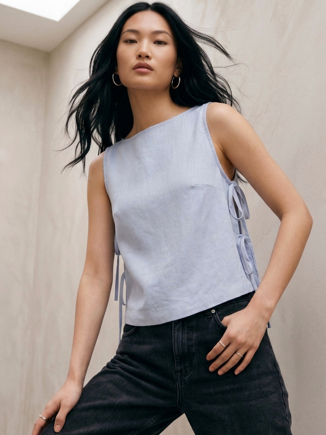 Blue High Neck Flowy Top With Side Tie Up