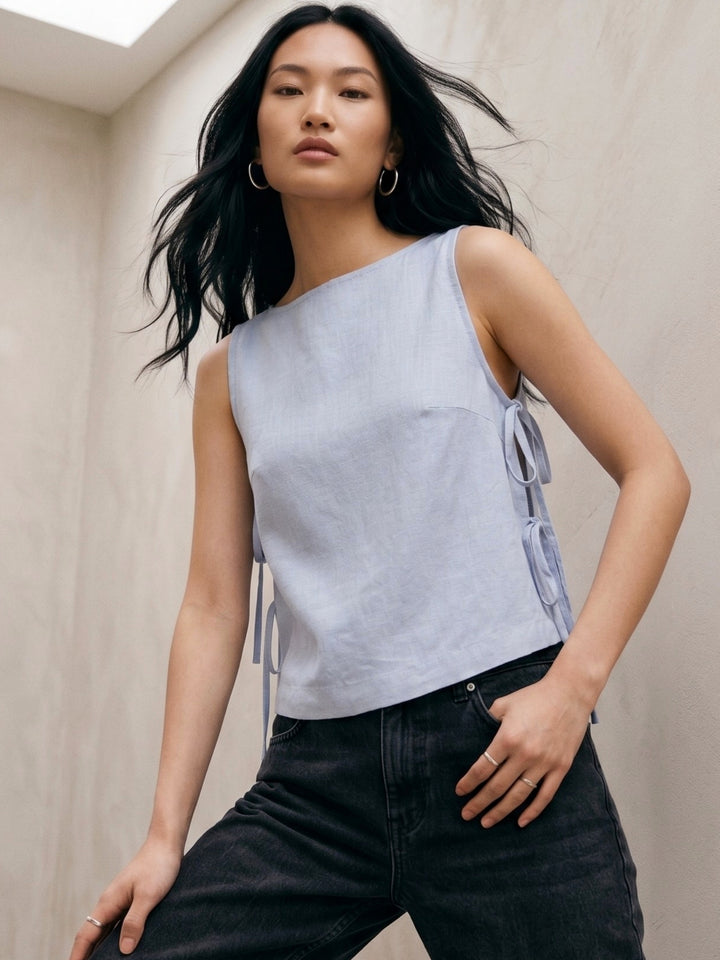 Blue High Neck Flowy Top With Side Tie Up