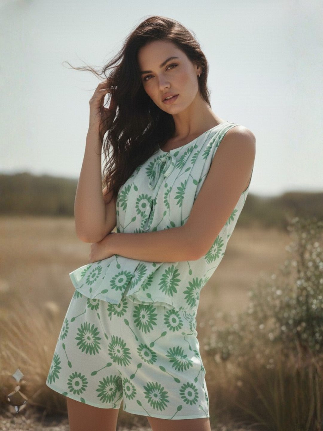 Green Front Tie-Up Peplum Style Top And Short Set