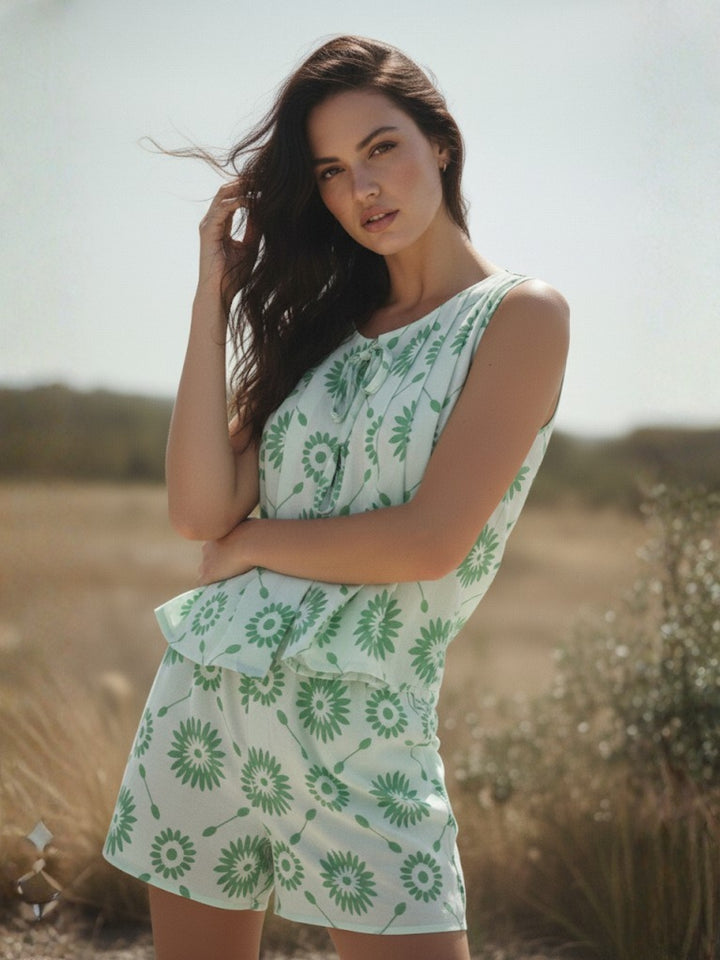 Green Front Tie-Up Peplum Style Top And Short Set
