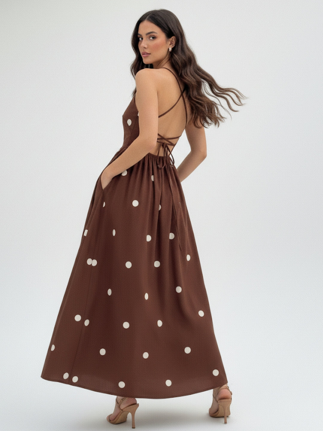 Brown Polka Printed Flared Dress