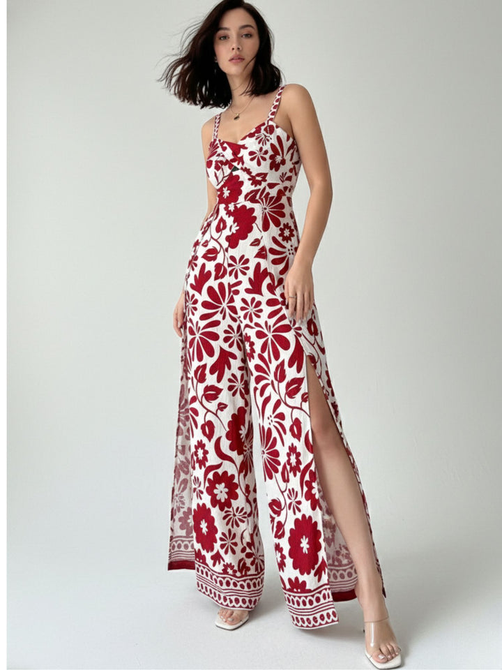Red Shoulder Strap Side Slit Jumpsuit