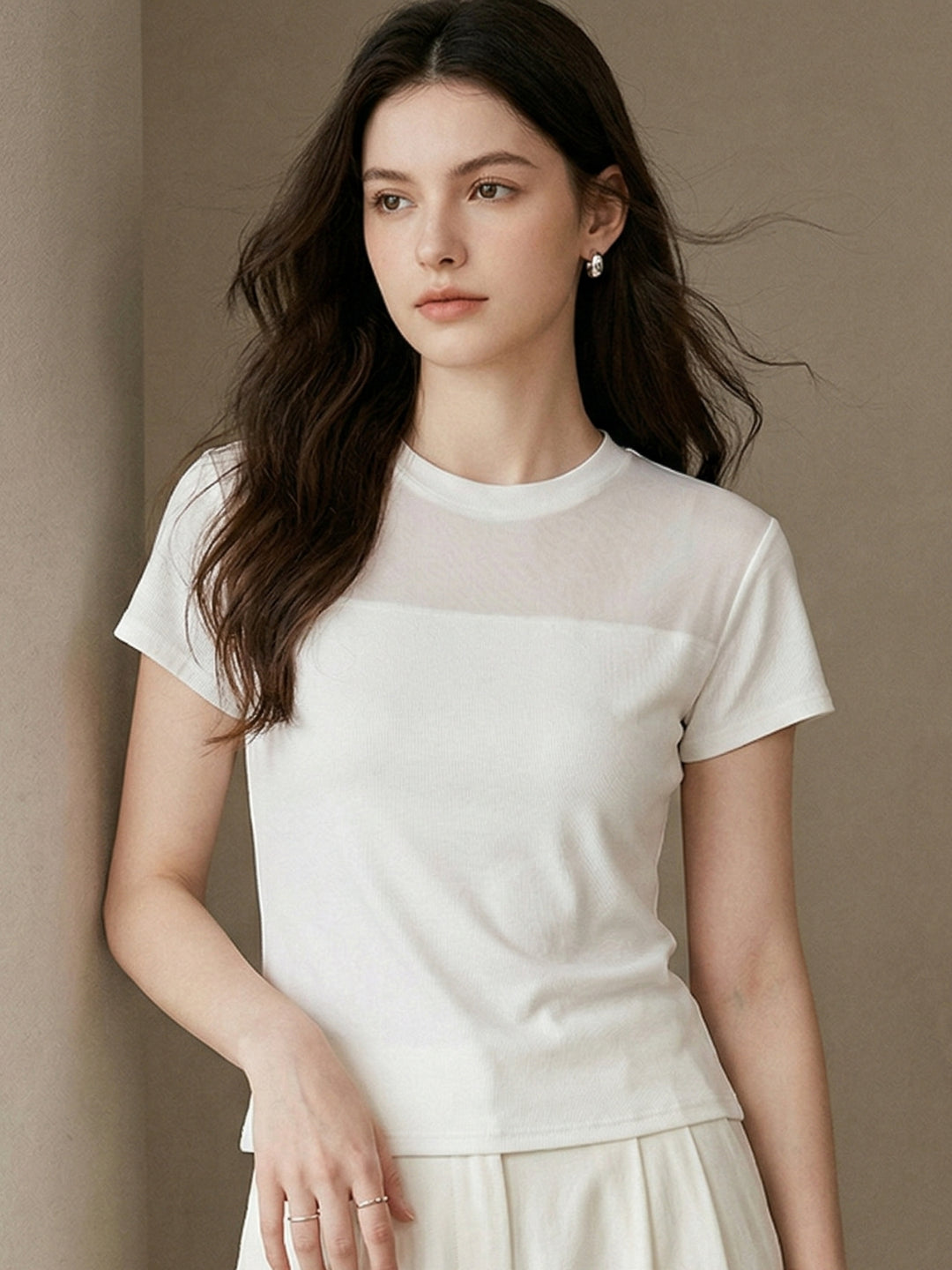 Off White Short Sleeve Mesh Top