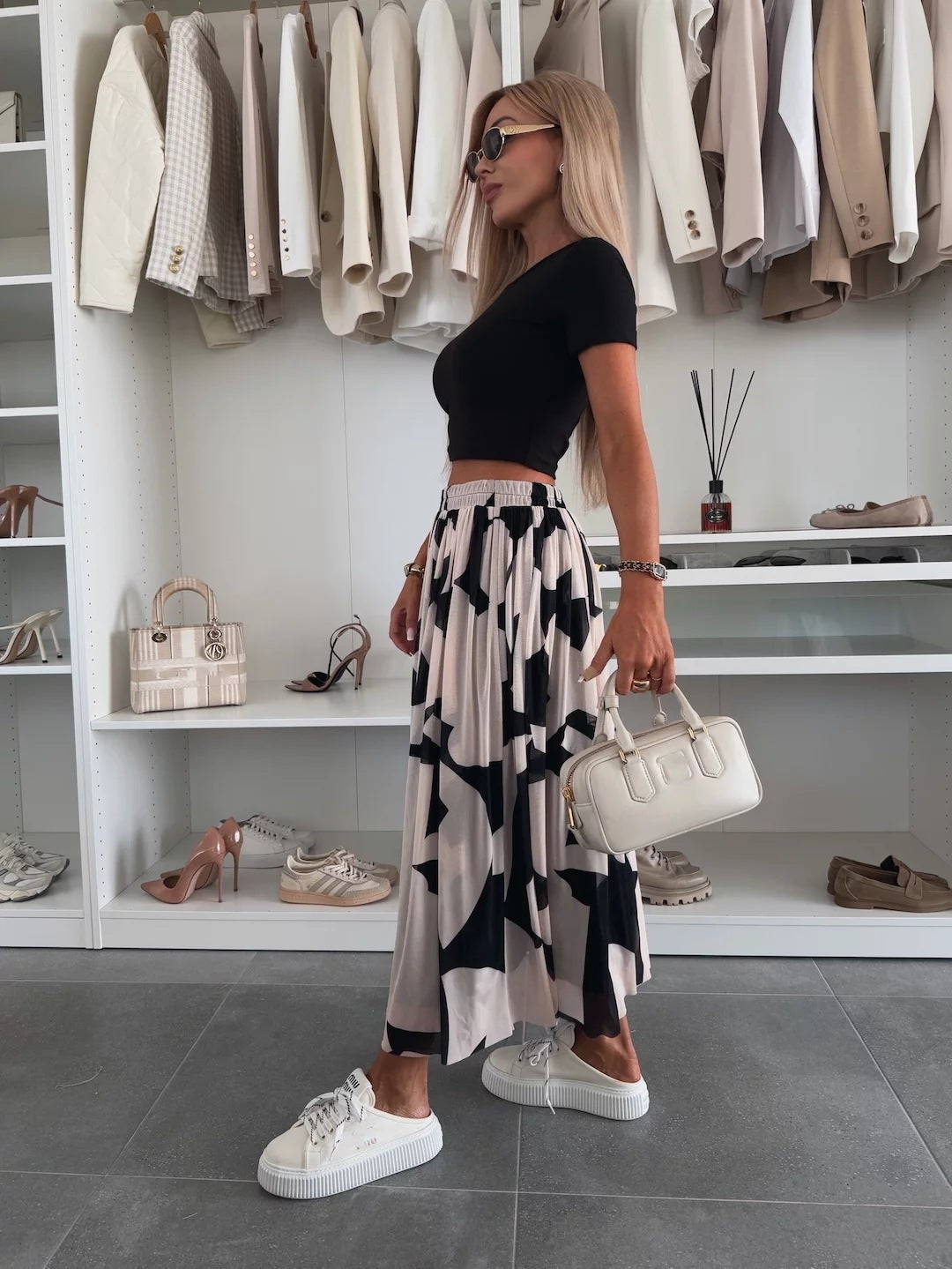 White Printed Pleated Flowy Skirt