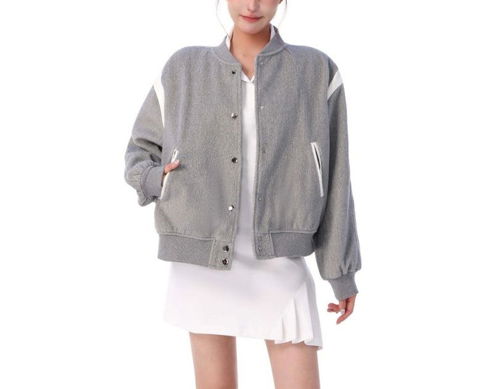 Grey Varsity Cut And Sew Jacket