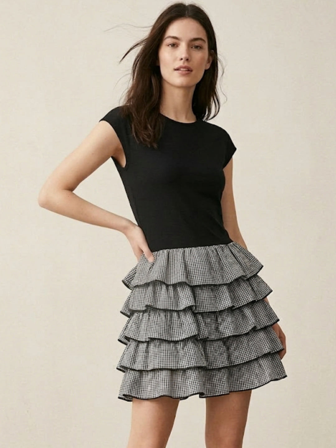 Black Short Sleeve Tiered Dress