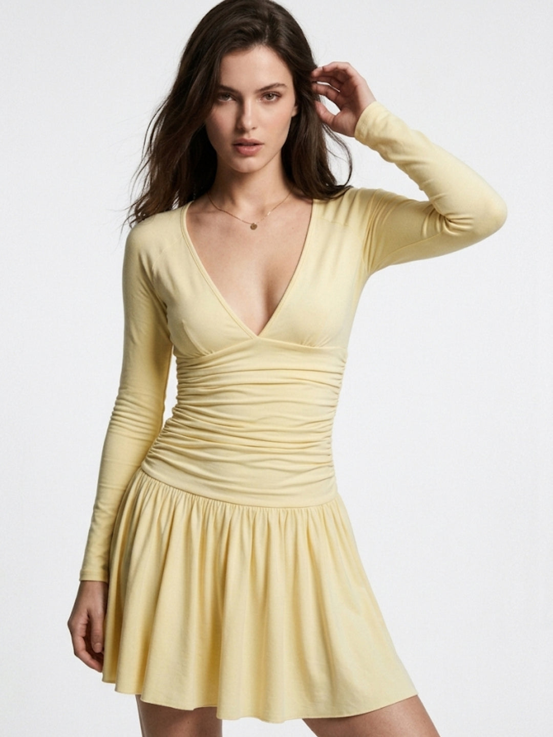 Yellow Full Sleeve V Neck Flared Dress