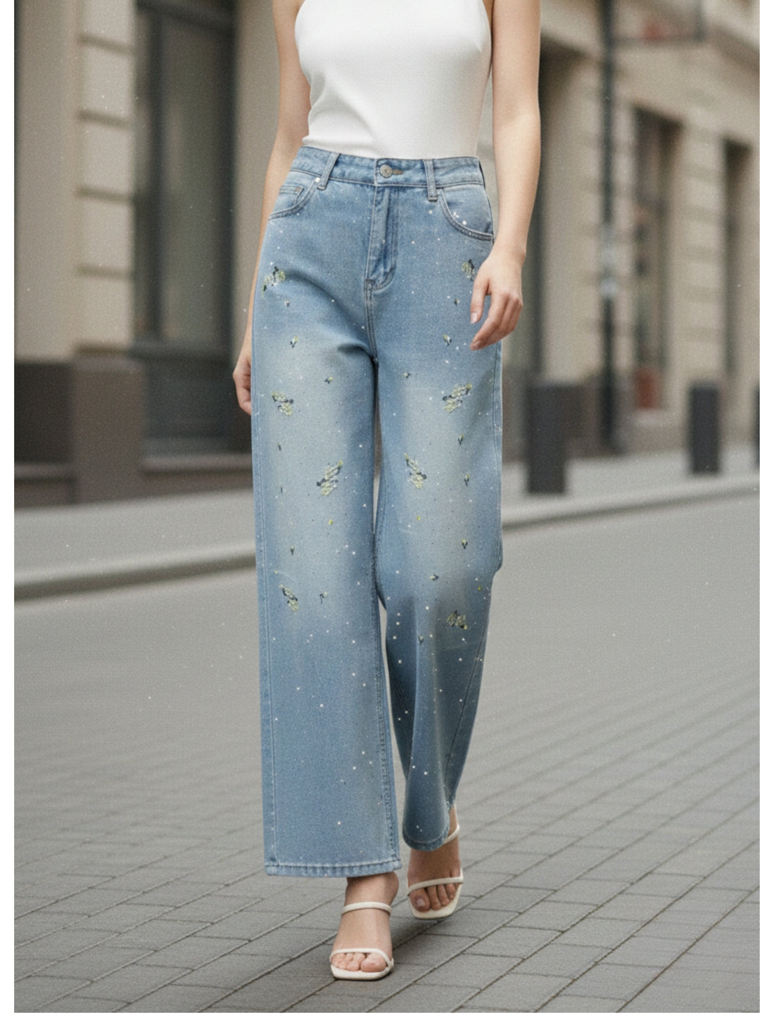Blue High Waist Floral Printed Jeans
