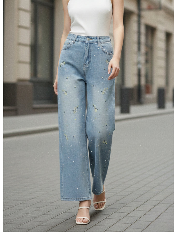 Blue High Waist Floral Printed Jeans