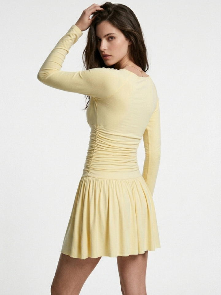 Yellow Full Sleeve V Neck Flared Dress