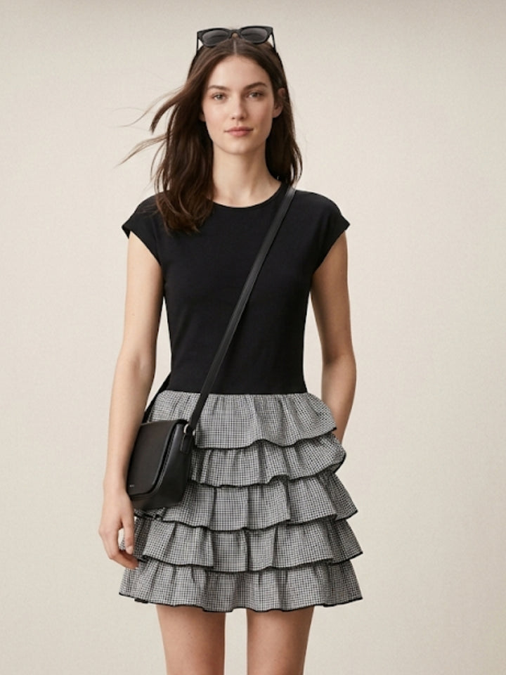 Black Short Sleeve Tiered Dress