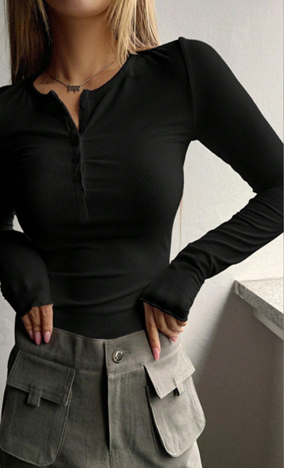 Black Front Button Knit Top