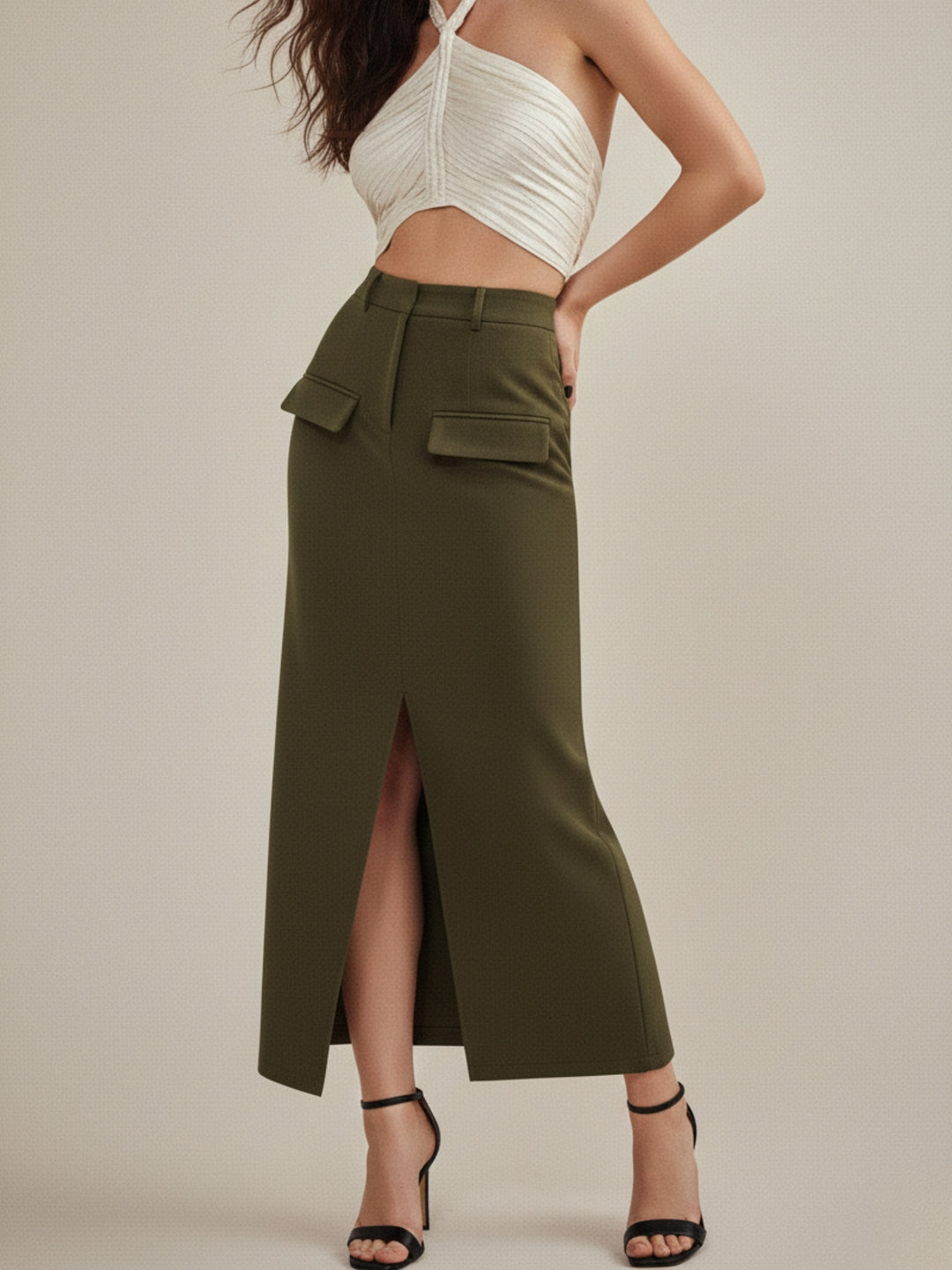 Olive Front Pocket With Pocket Midi Skirt