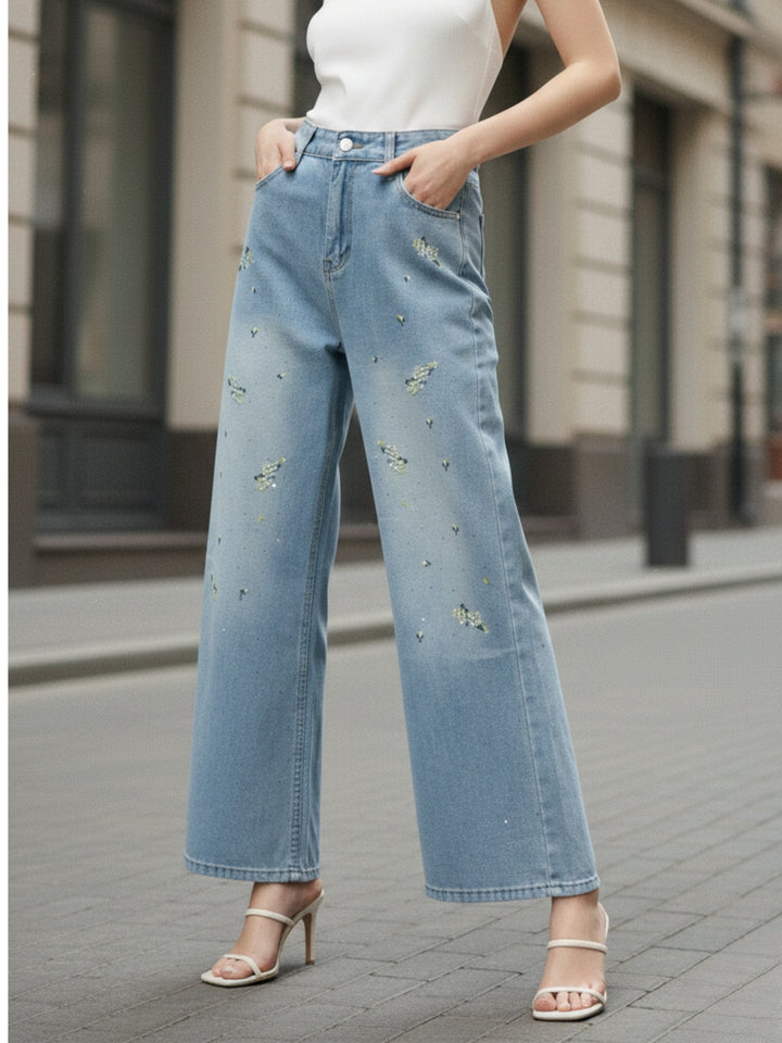 Blue High Waist Floral Printed Jeans