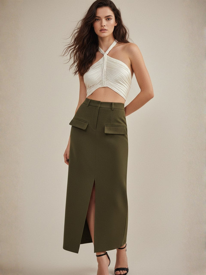 Olive Front Pocket With Pocket Midi Skirt