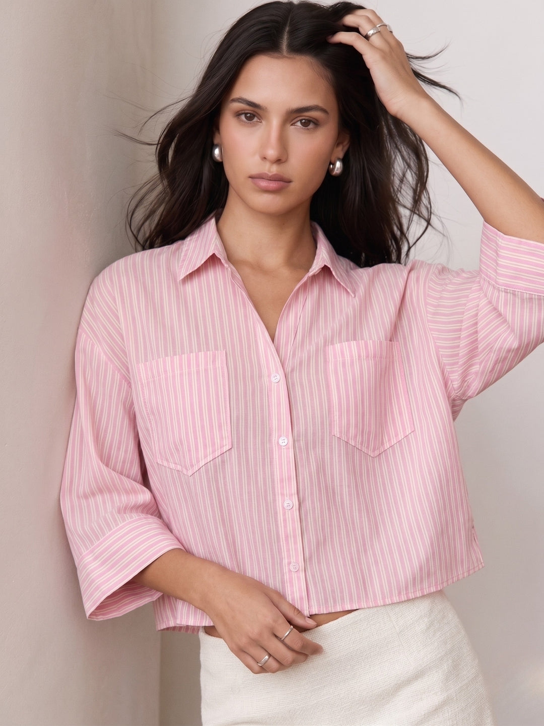 Pink Front Buttoned Striped Shirts