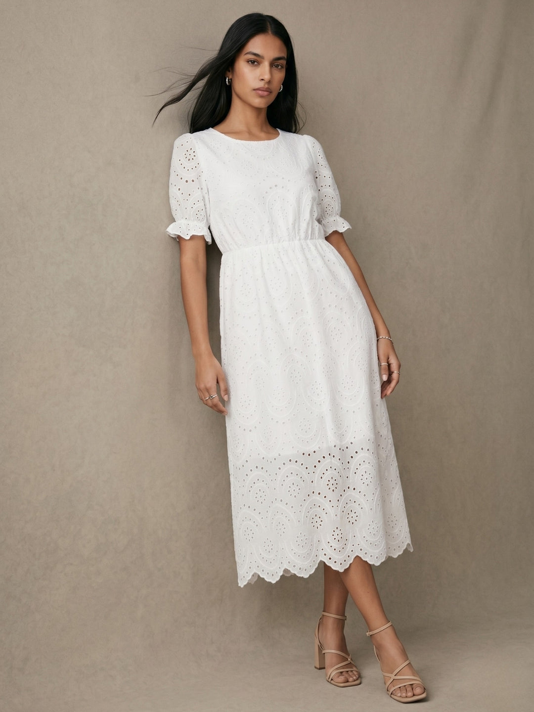 White Round Neck Schiffli Dress