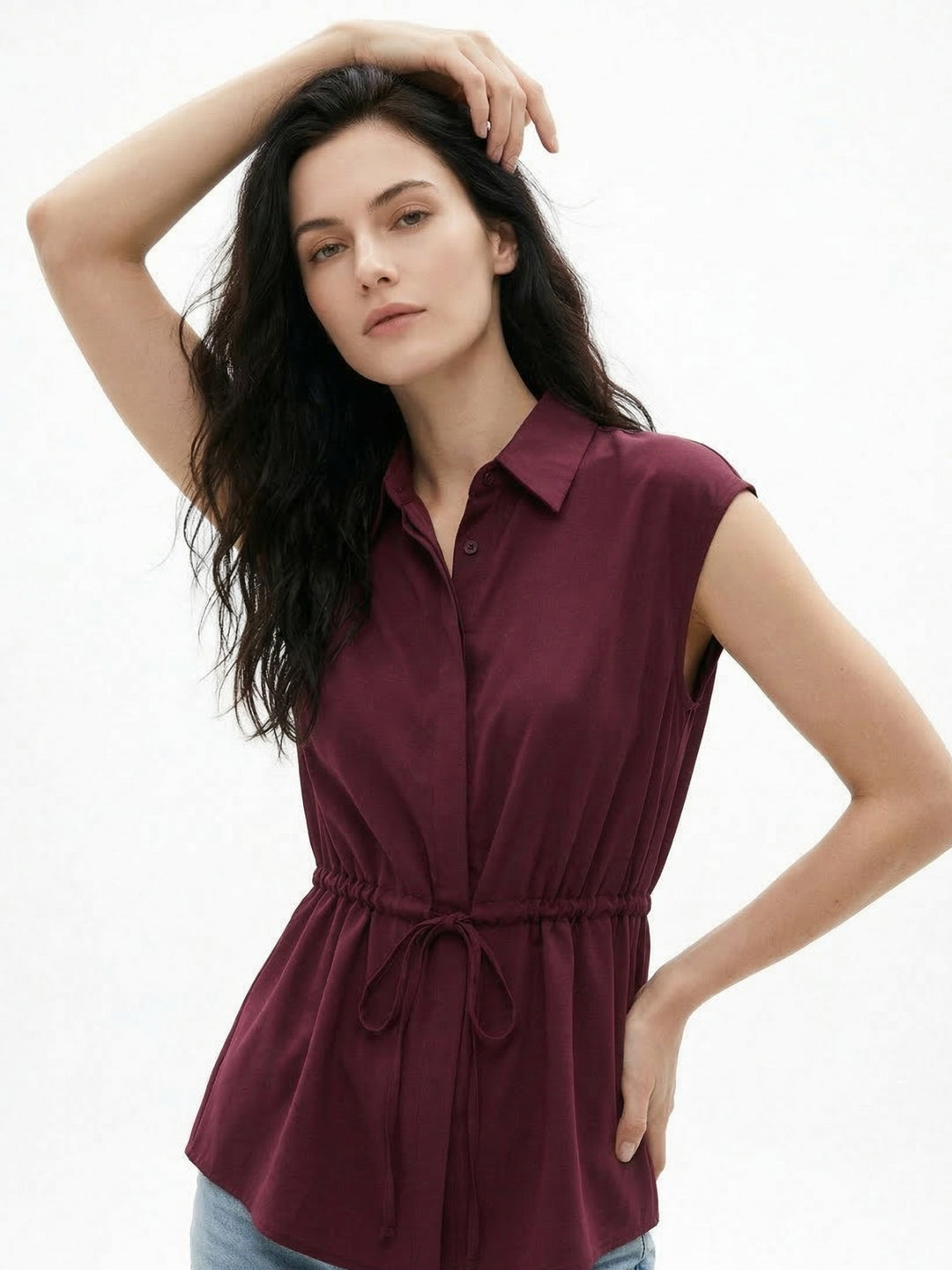 Wine Waist Detail Collared Top