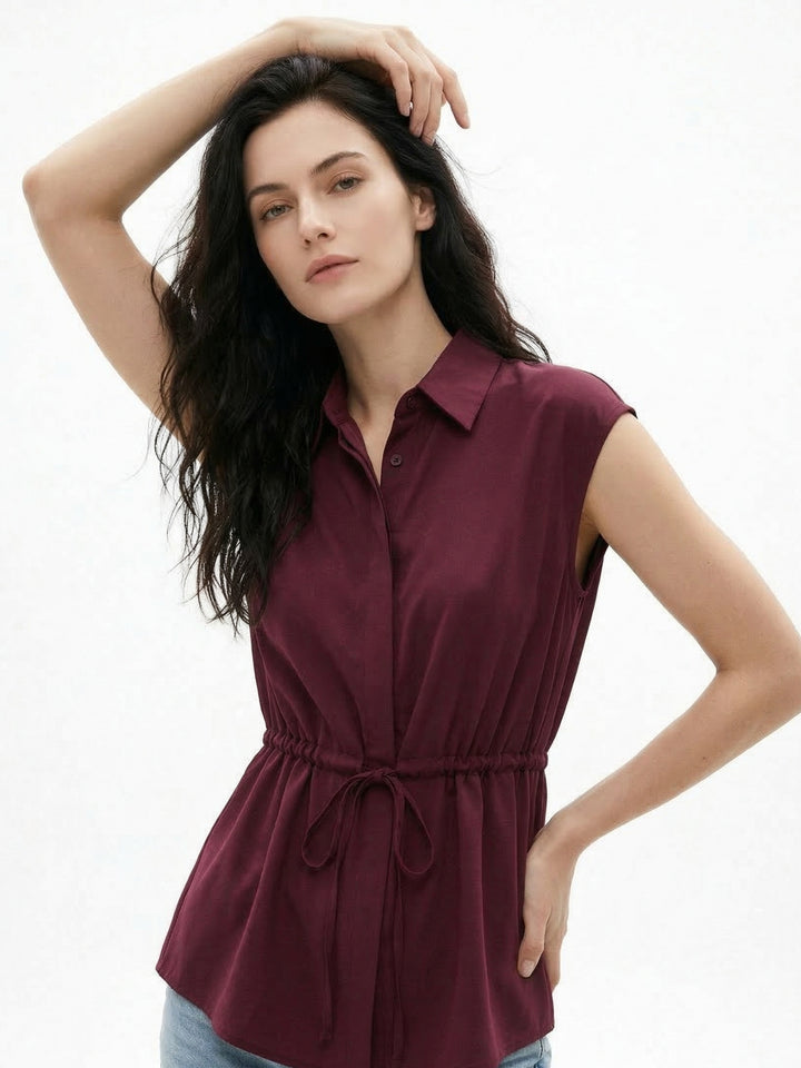 Wine Waist Detail Collared Top