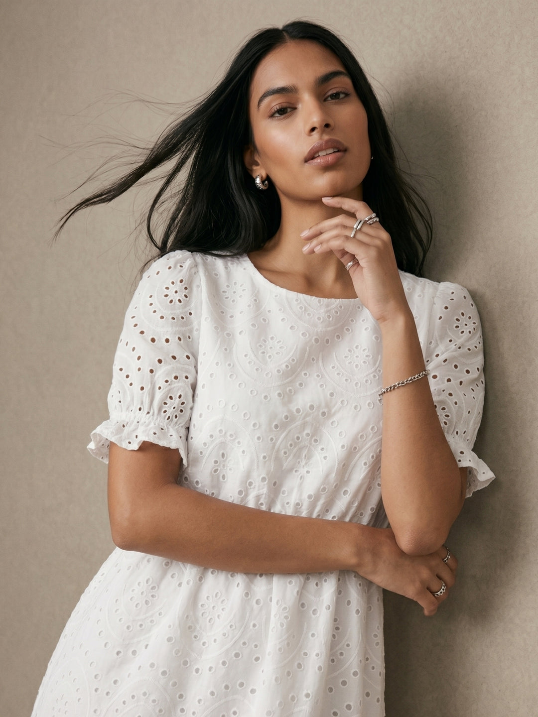 White Round Neck Schiffli Dress