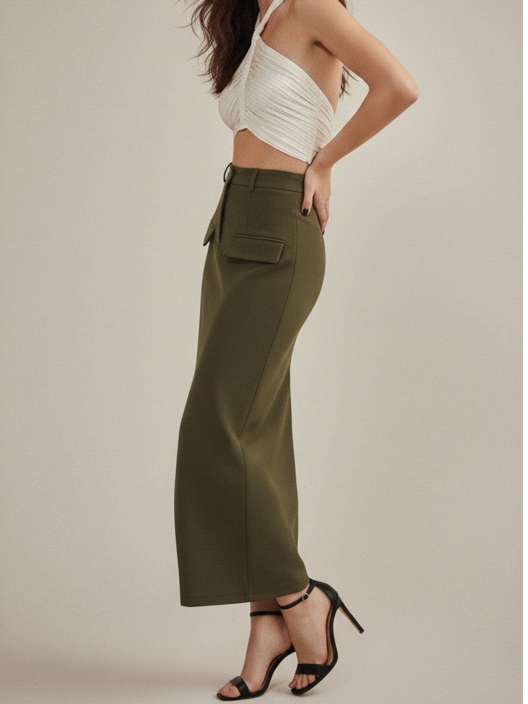 Olive Front Pocket With Pocket Midi Skirt