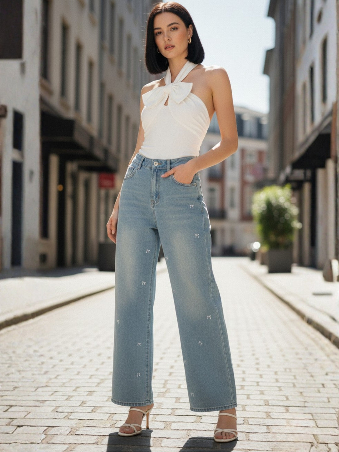 Light Blue Bow Embroidered Wide Leg Pant