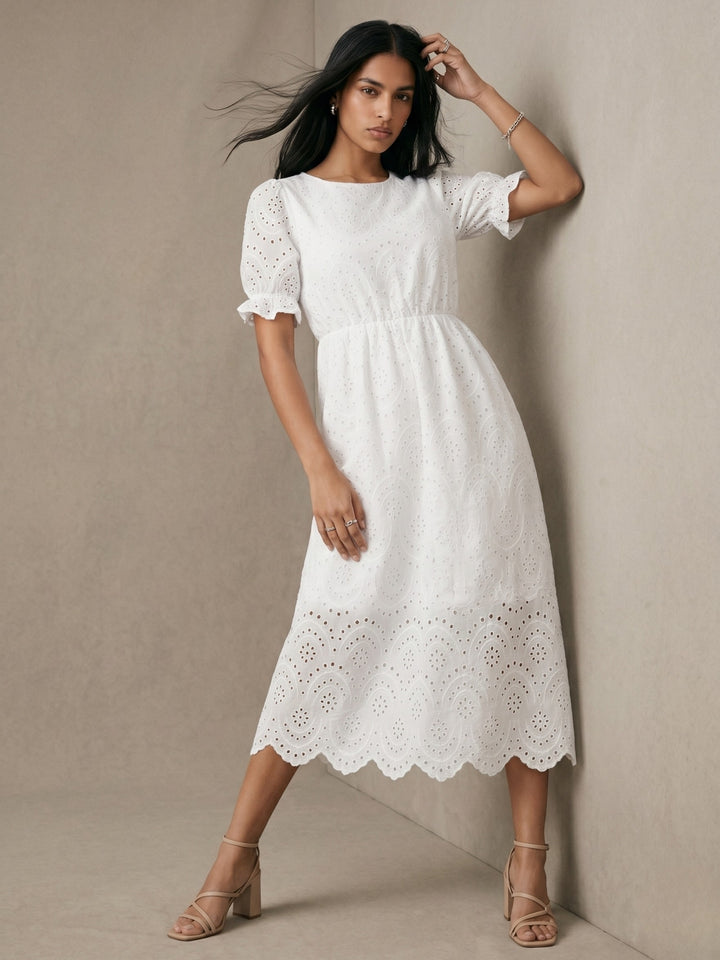 White Round Neck Schiffli Dress